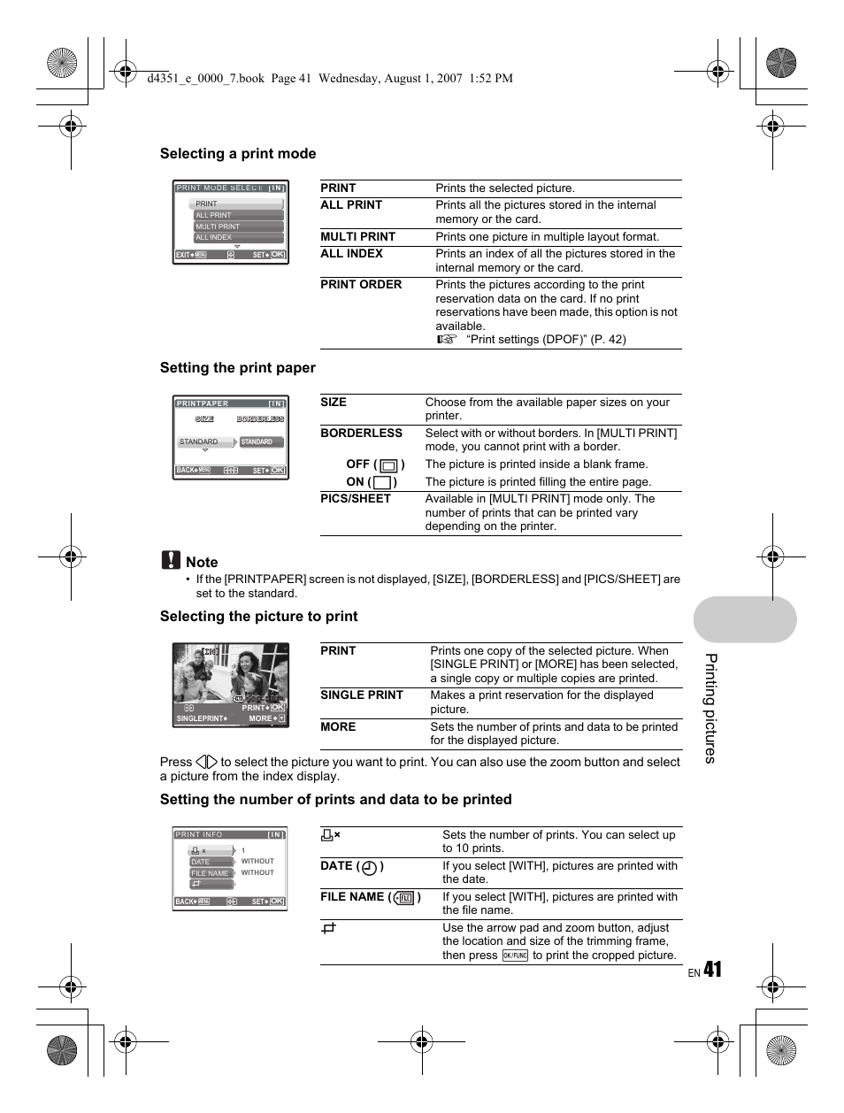 Printing pictures | Olympus STYLUS 1200 User Manual | Page 41 / 84