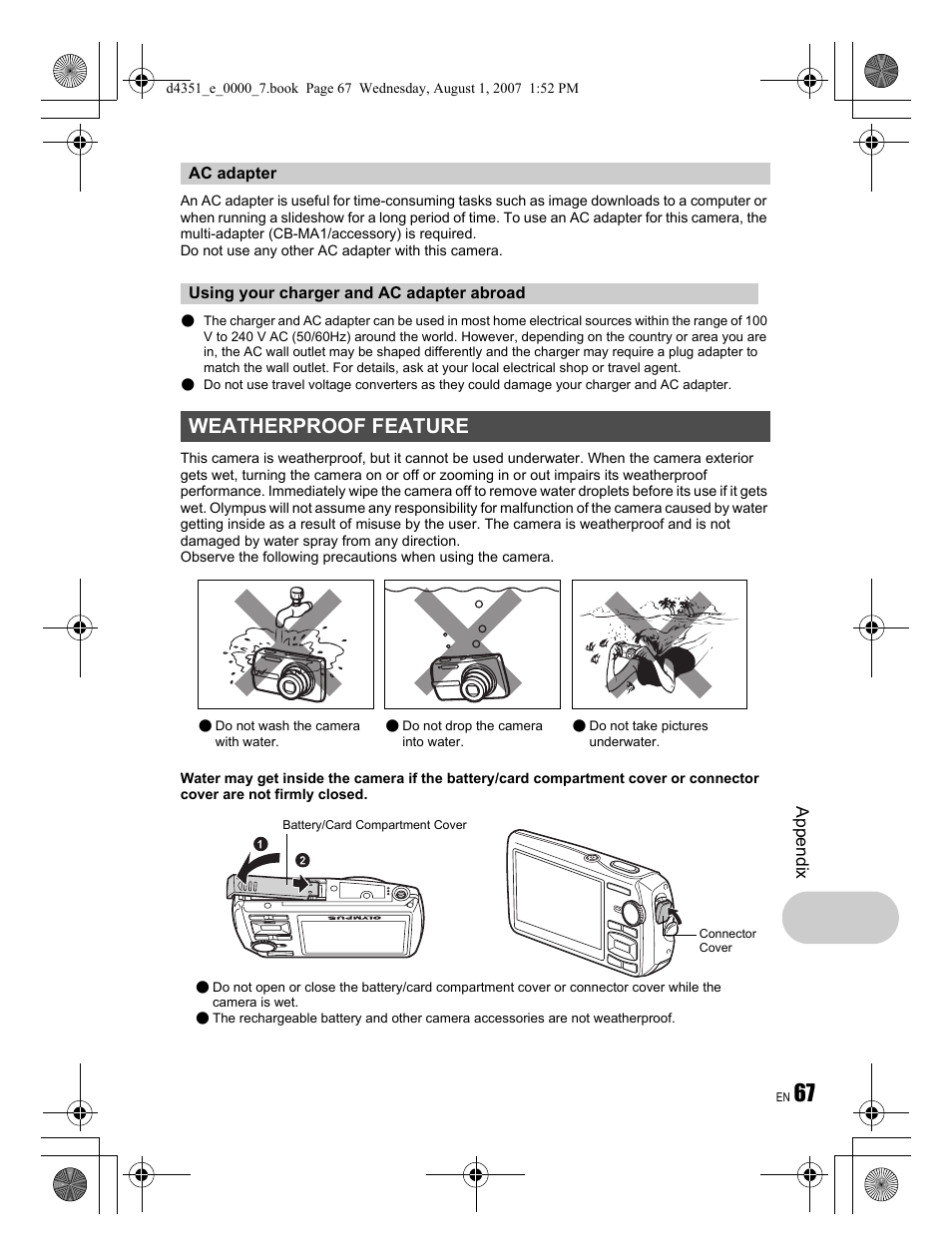 Weatherproof feature | Olympus STYLUS 1200 User Manual | Page 67 / 84