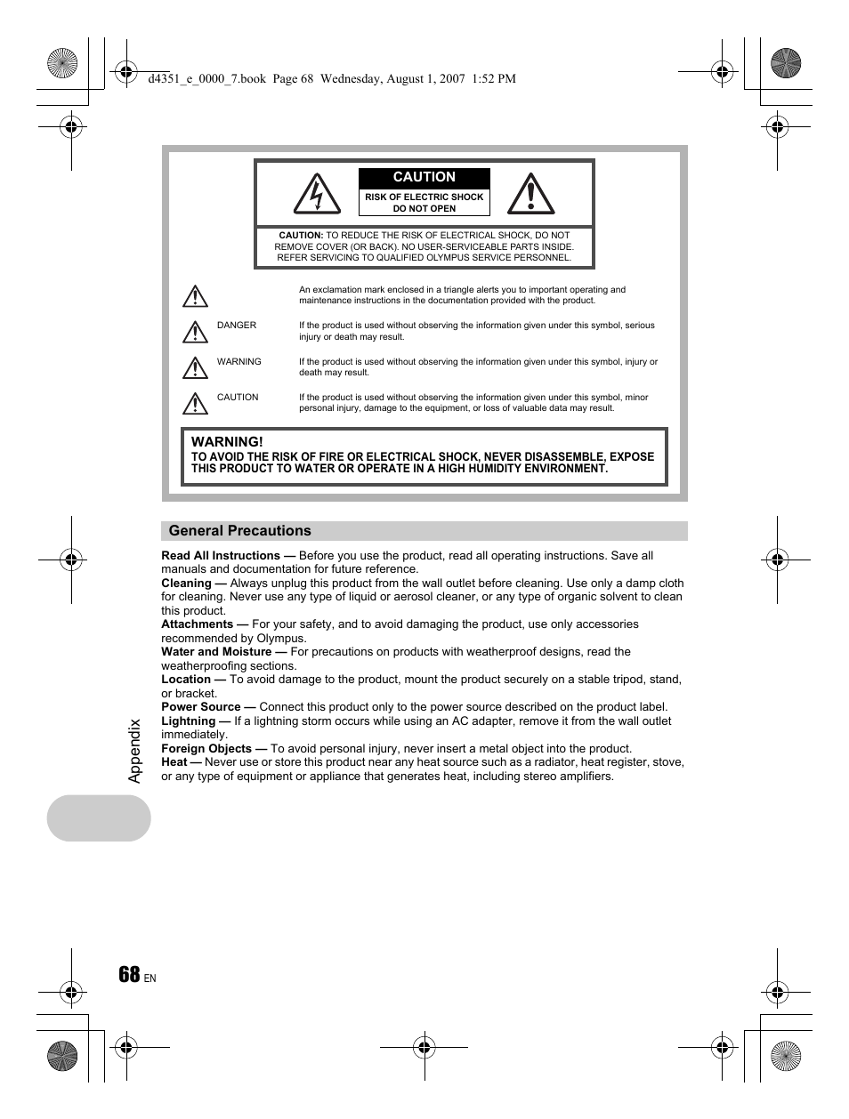 Appendix, General precautions | Olympus STYLUS 1200 User Manual | Page 68 / 84