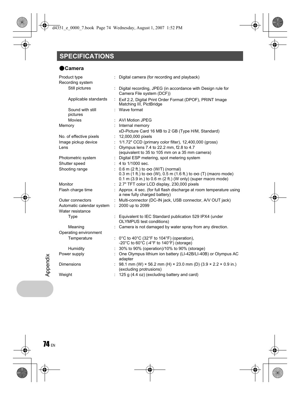 Specifications, Appendix | Olympus STYLUS 1200 User Manual | Page 74 / 84