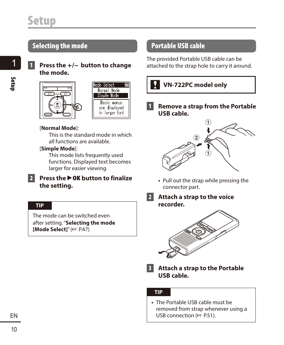 Selecting the mode, Portable usb cable, Setup | Olympus VN-722PC User Manual | Page 10 / 67