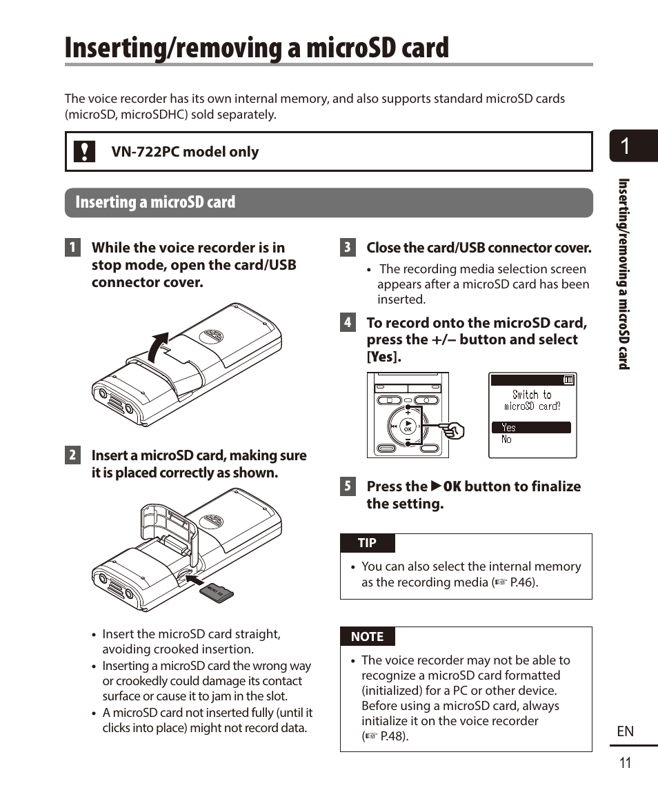 Inserting/removing a microsd card, Inserting a microsd card | Olympus VN-722PC User Manual | Page 11 / 67