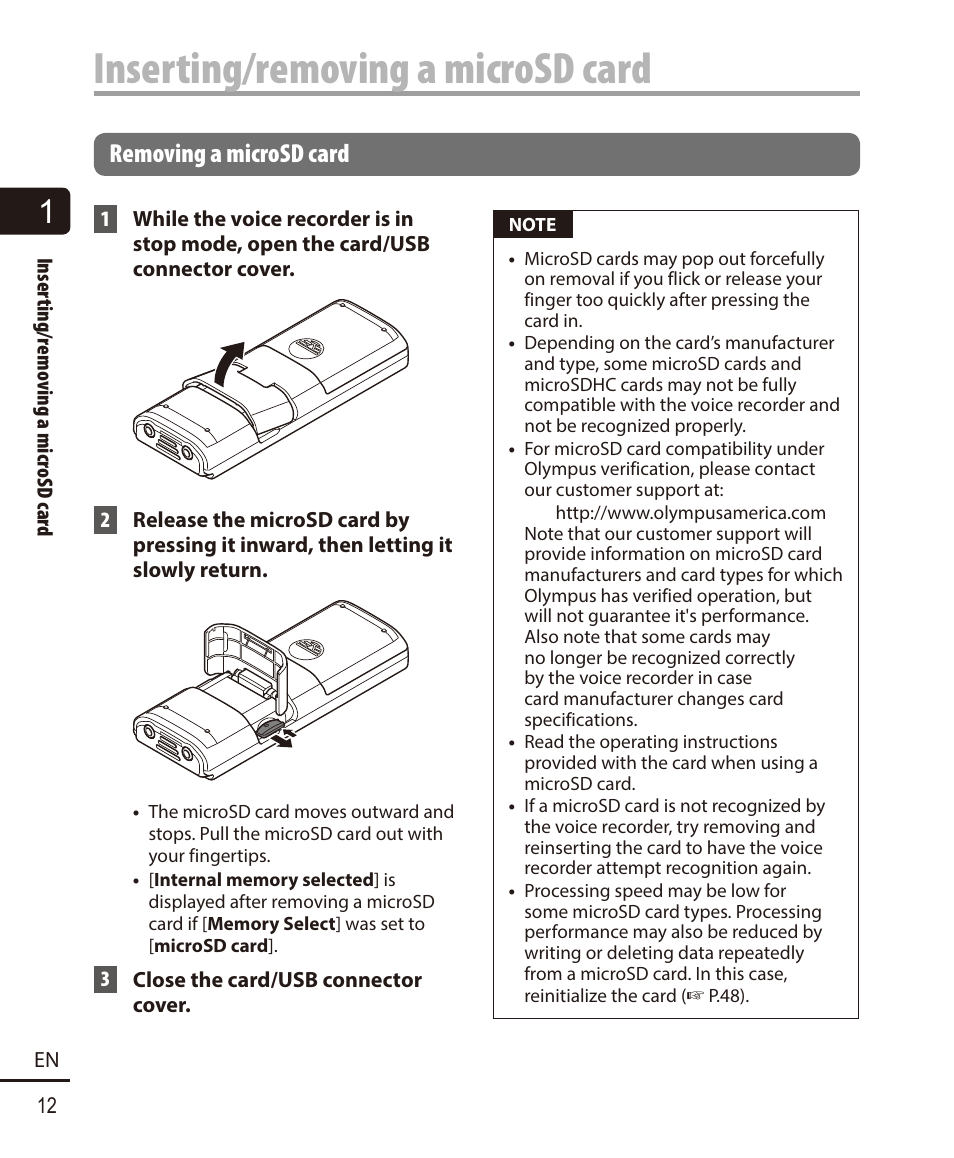 Removing a microsd card, Inserting/removing a microsd card | Olympus VN-722PC User Manual | Page 12 / 67