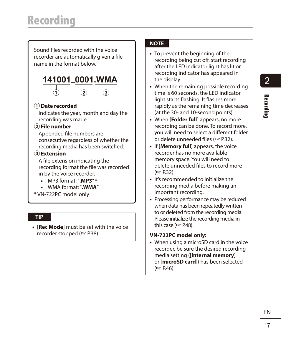 Recording | Olympus VN-722PC User Manual | Page 17 / 67