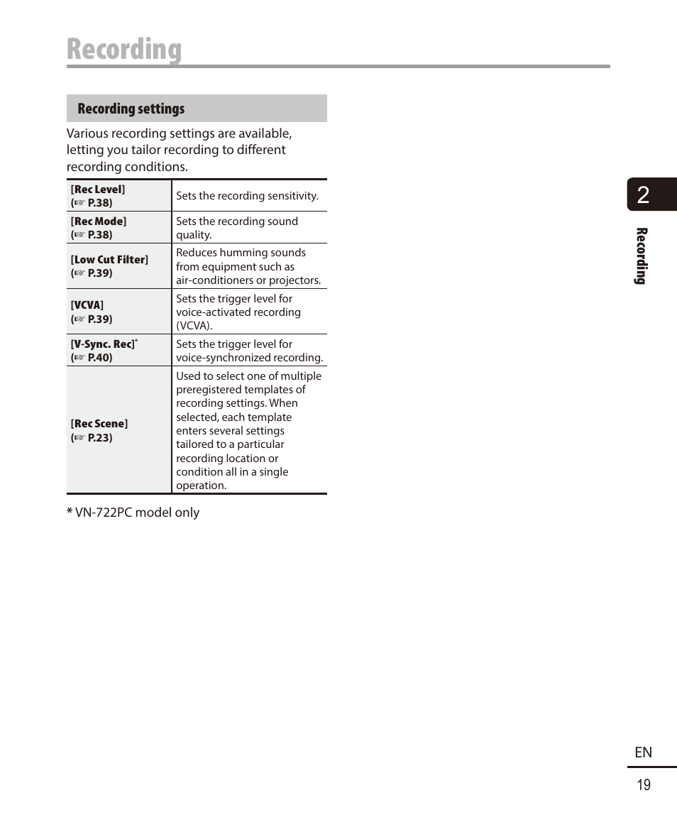 Recording, Recording 19 en, Recording settings | Olympus VN-722PC User Manual | Page 19 / 67