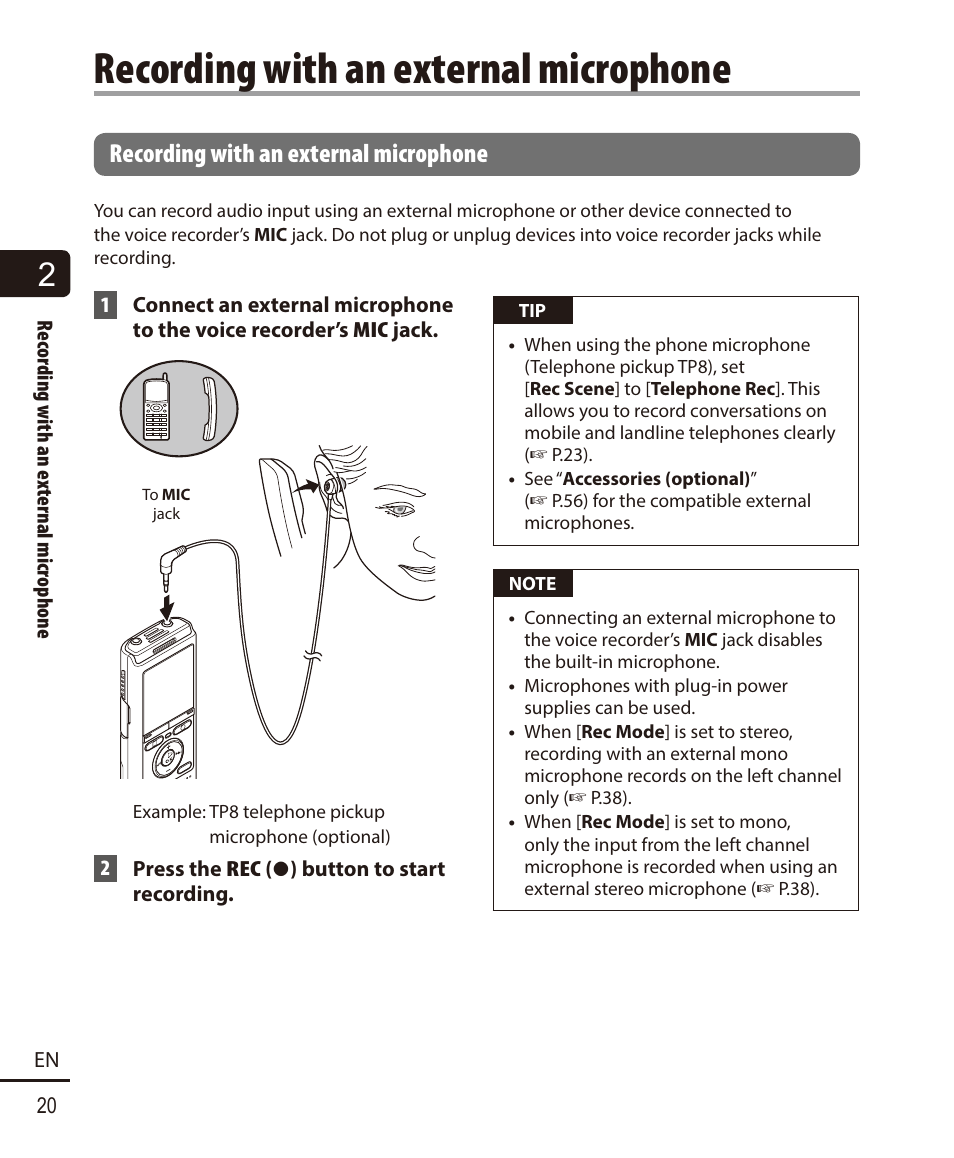 Recording with an external microphone | Olympus VN-722PC User Manual | Page 20 / 67