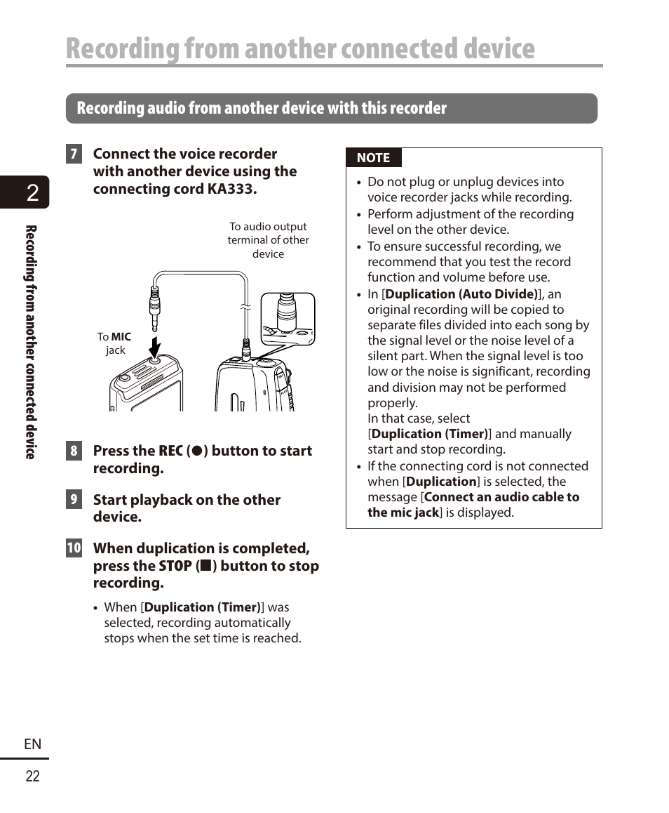 Recording from another connected device | Olympus VN-722PC User Manual | Page 22 / 67