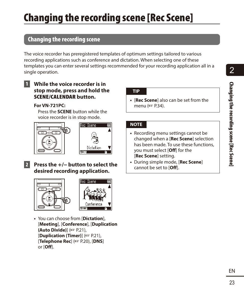 Changing the recording scene [rec scene, Changing the recording scene | Olympus VN-722PC User Manual | Page 23 / 67