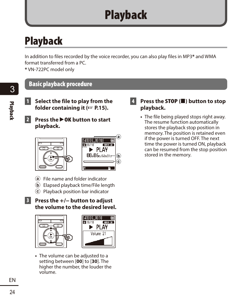 Playback, Basic playback procedure | Olympus VN-722PC User Manual | Page 24 / 67