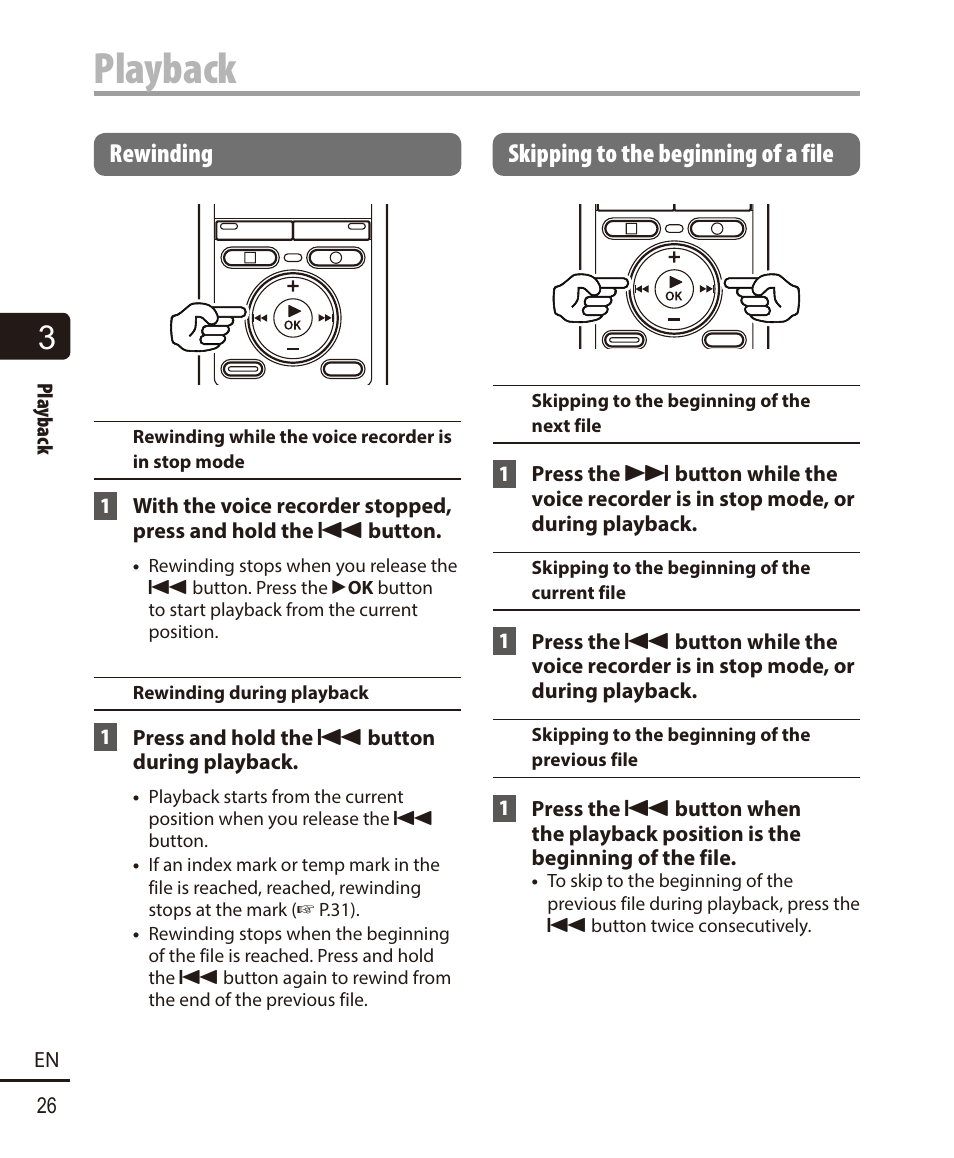 Rewinding, Skipping to the beginning of a file, Playback | Olympus VN-722PC User Manual | Page 26 / 67