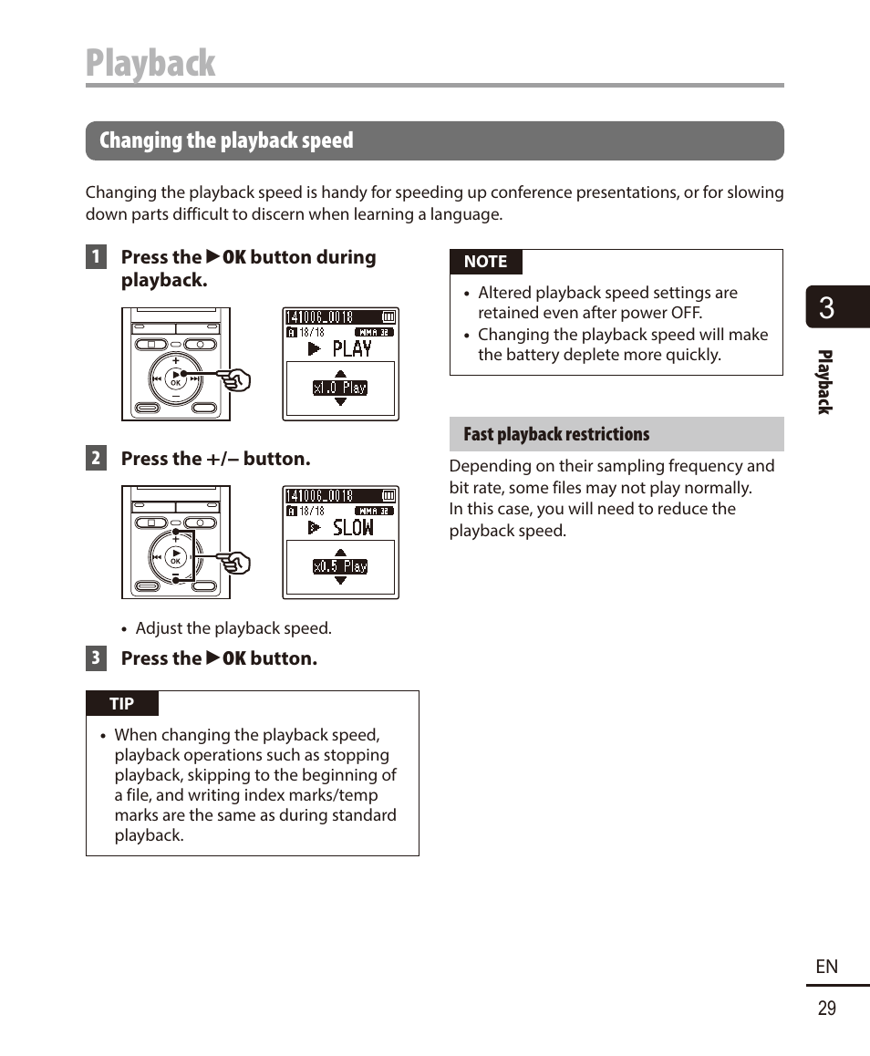 Changing the playback speed, Playback | Olympus VN-722PC User Manual | Page 29 / 67