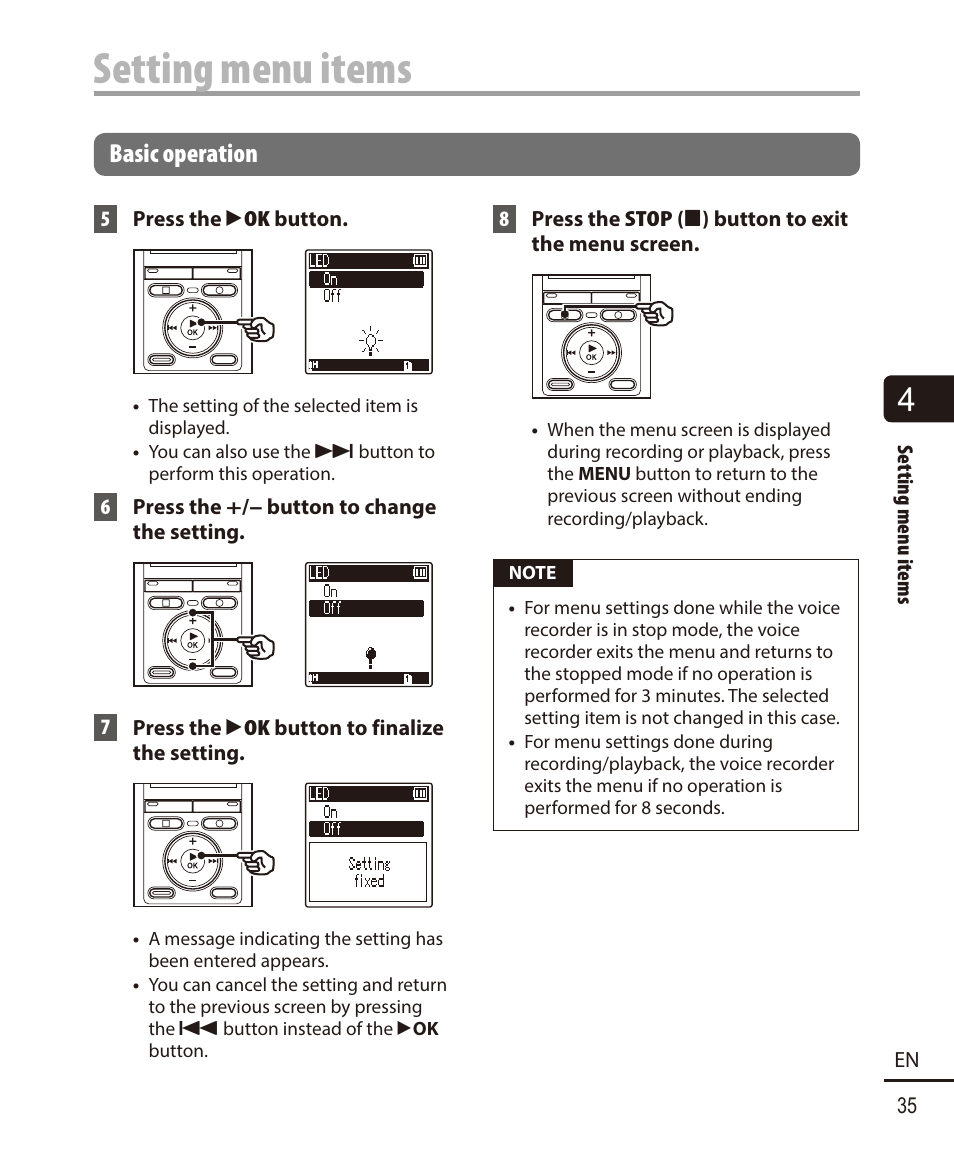 Setting menu items, Basic operation | Olympus VN-722PC User Manual | Page 35 / 67