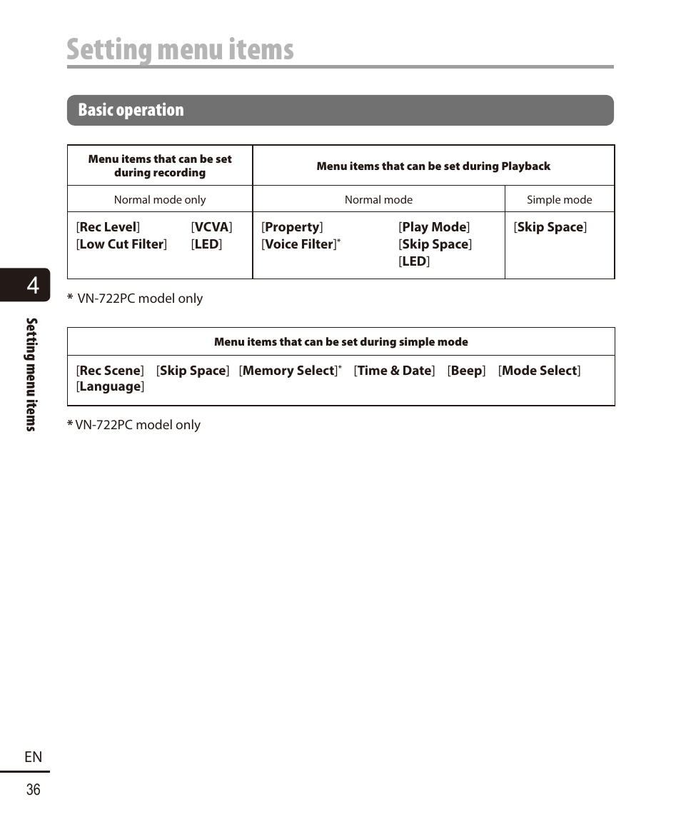 Setting menu items, Basic operation | Olympus VN-722PC User Manual | Page 36 / 67