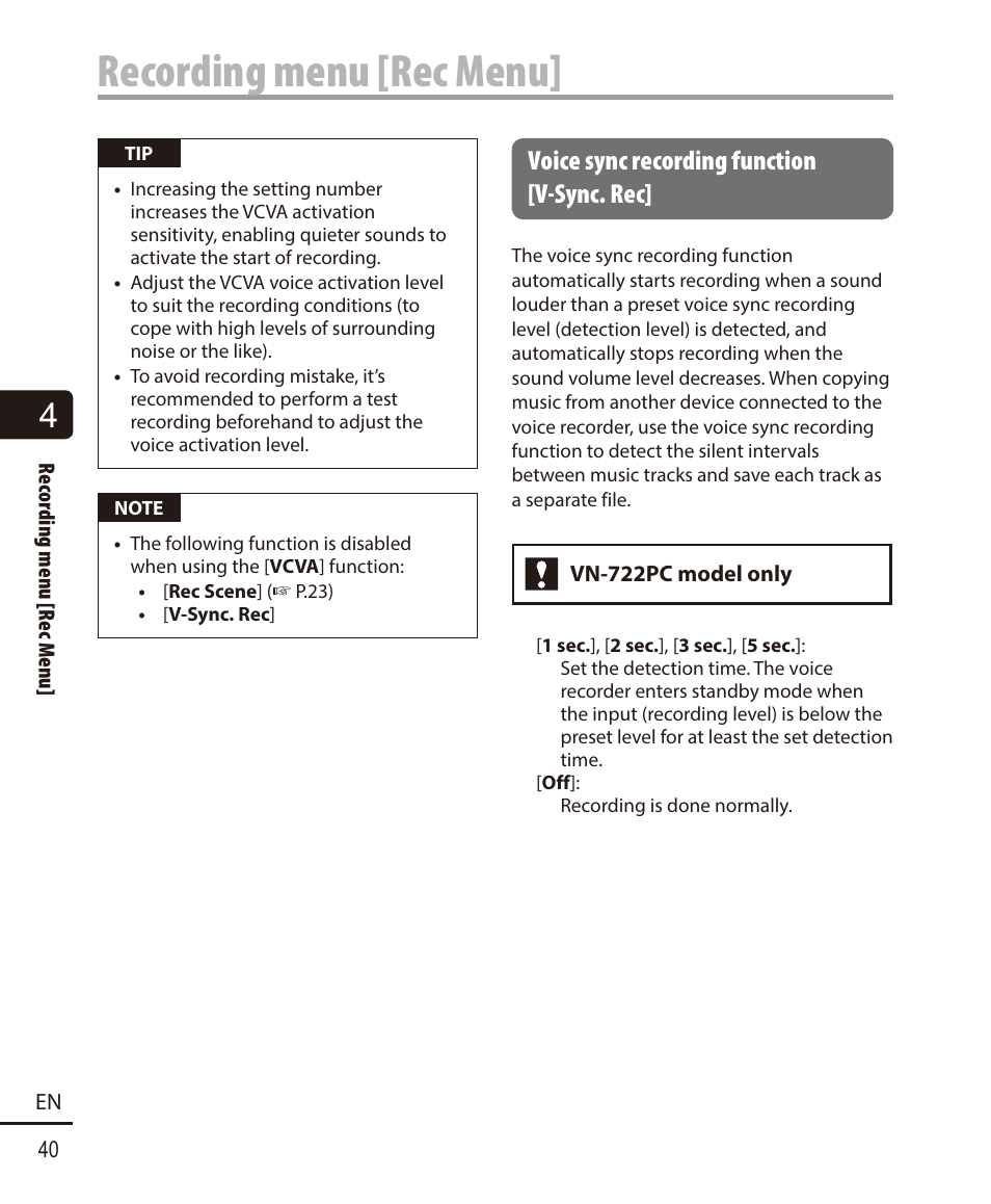 Voice sync recording function [v-sync. rec, Recording menu [rec menu | Olympus VN-722PC User Manual | Page 40 / 67