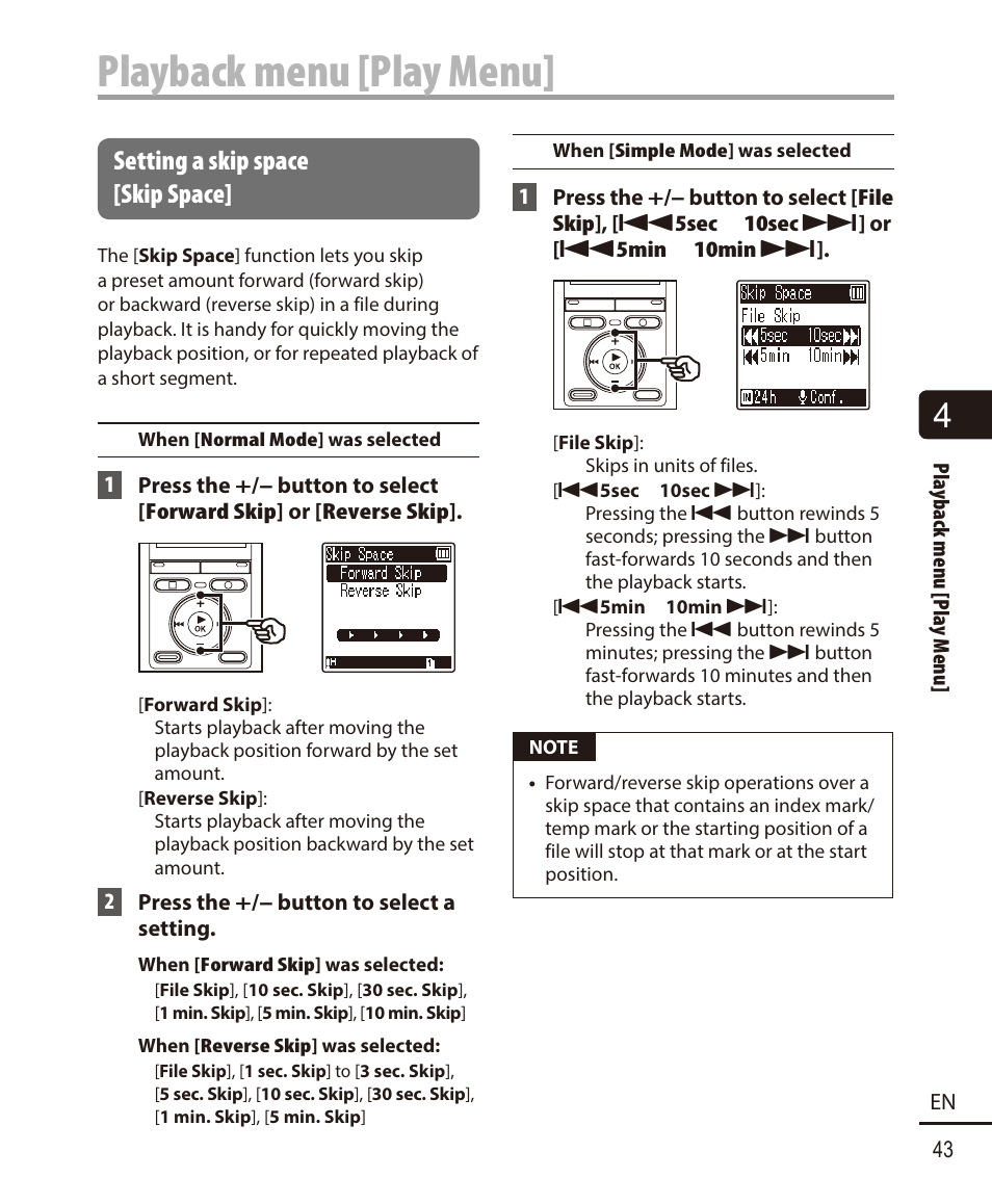 Setting a skip space [skip space, Playback menu [play menu | Olympus VN-722PC User Manual | Page 43 / 67