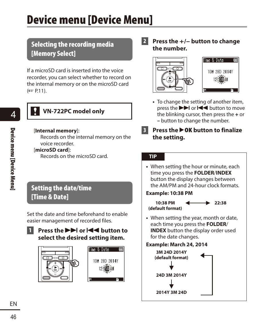 Device menu [device menu, Selecting the recording media [memory select, Setting the date/time [time & date | Olympus VN-722PC User Manual | Page 46 / 67