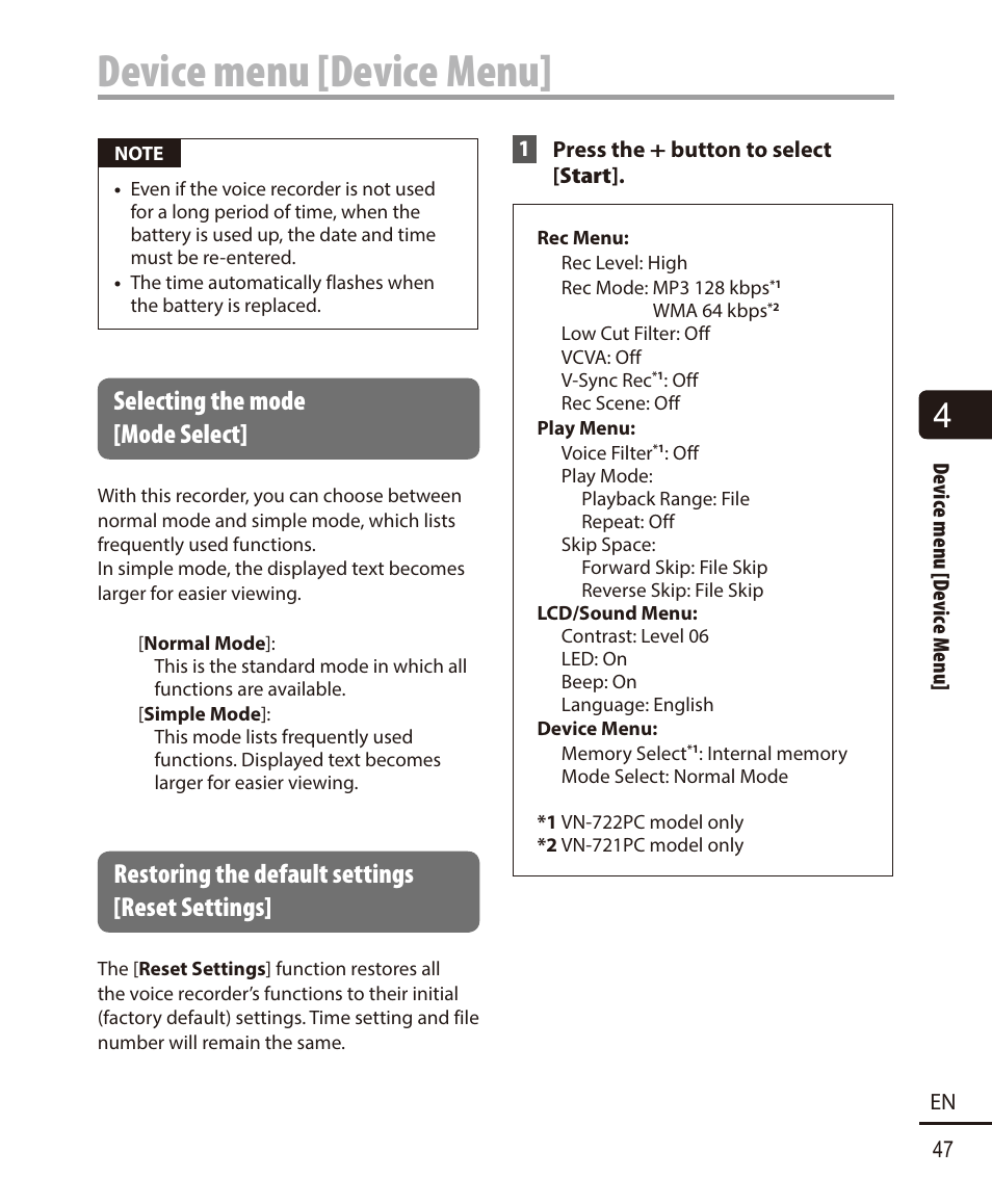 Selecting the mode [mode select, Restoring the default settings [reset settings, Device menu [device menu | Olympus VN-722PC User Manual | Page 47 / 67