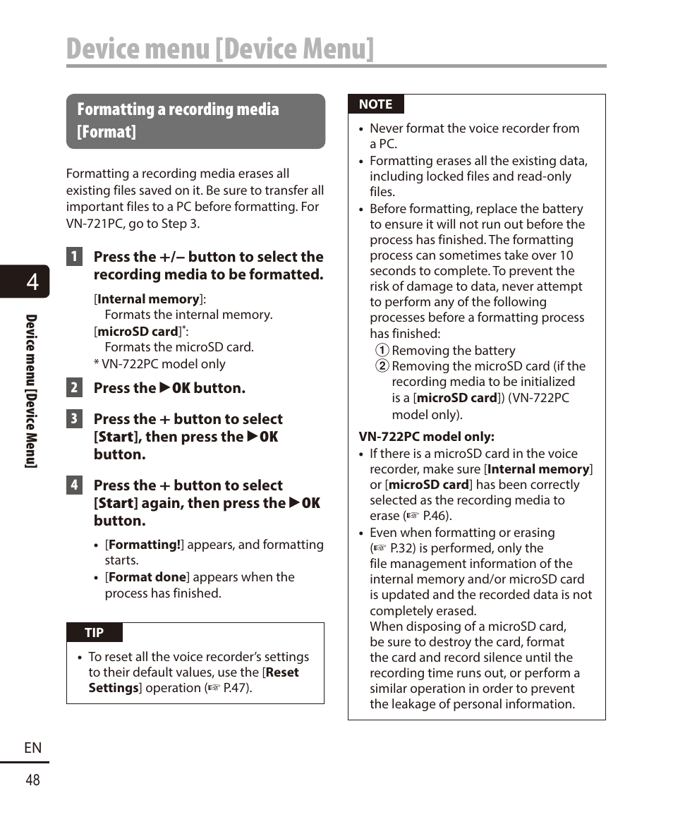Formatting a recording media [format, Device menu [device menu | Olympus VN-722PC User Manual | Page 48 / 67