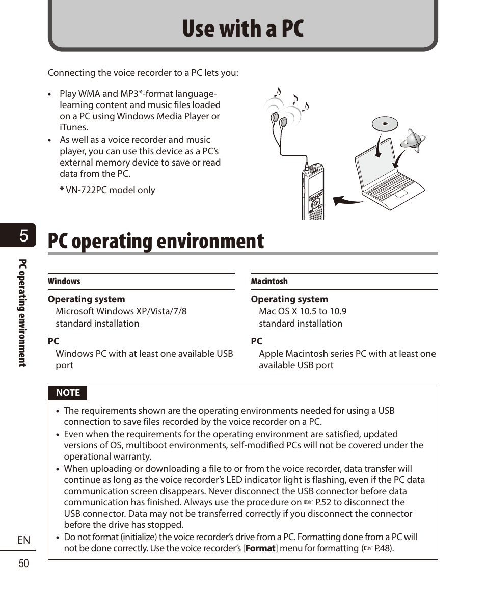 Use with a pc, Pc operating environment | Olympus VN-722PC User Manual | Page 50 / 67