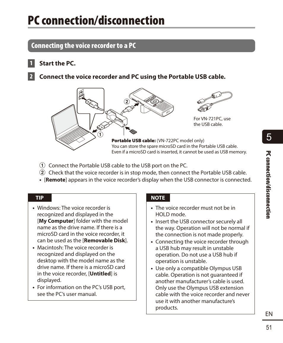 Pc connection/disconnection, Connecting the voice recorder to a pc | Olympus VN-722PC User Manual | Page 51 / 67