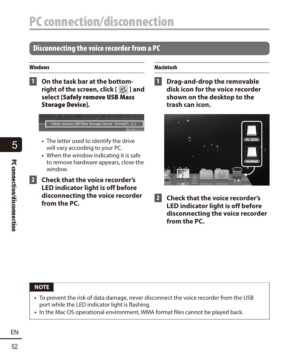 Disconnecting the voice recorder from a pc, Pc connection/disconnection | Olympus VN-722PC User Manual | Page 52 / 67
