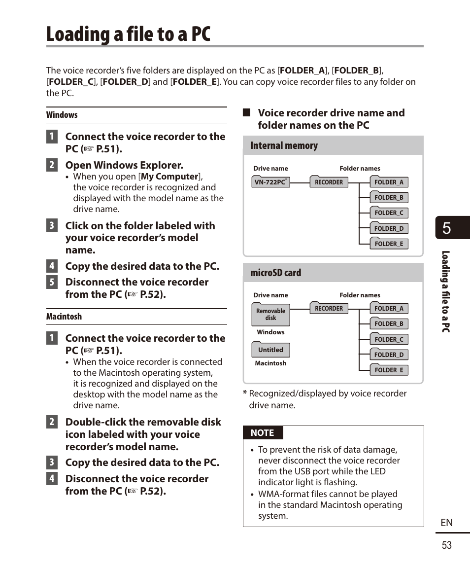 Loading a file to a pc | Olympus VN-722PC User Manual | Page 53 / 67