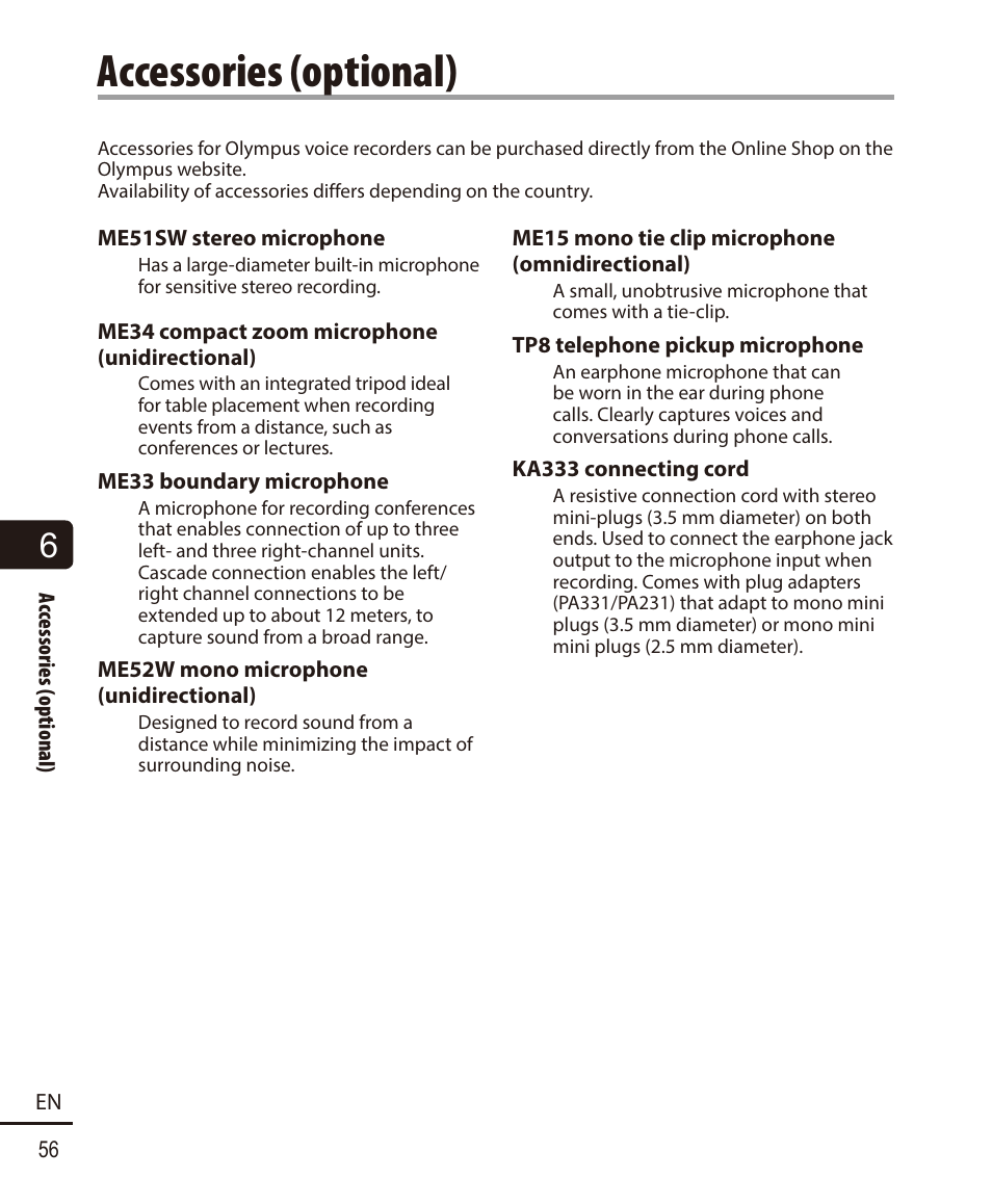 Accessories (optional) | Olympus VN-722PC User Manual | Page 56 / 67