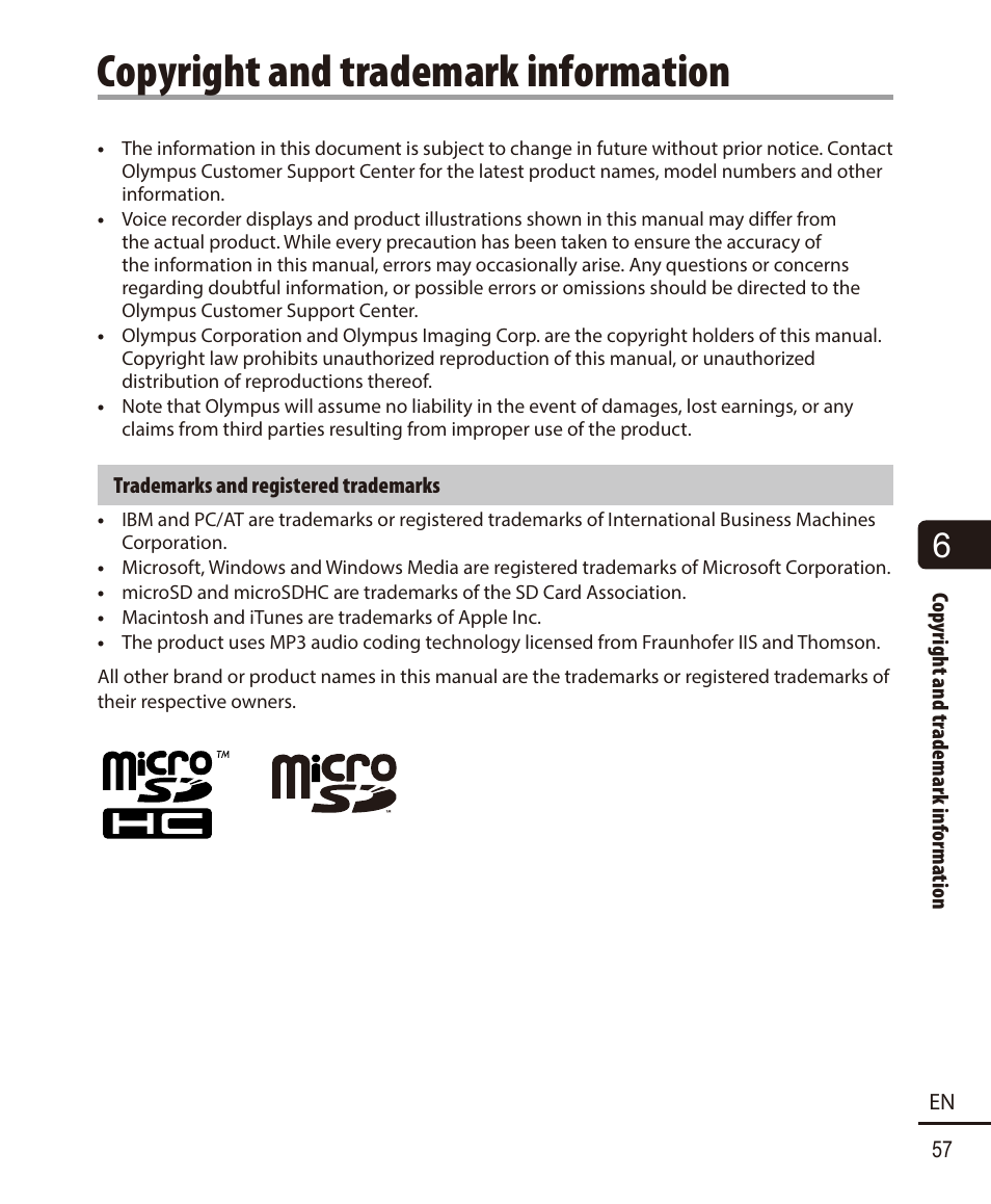 Copyright and trademark information | Olympus VN-722PC User Manual | Page 57 / 67