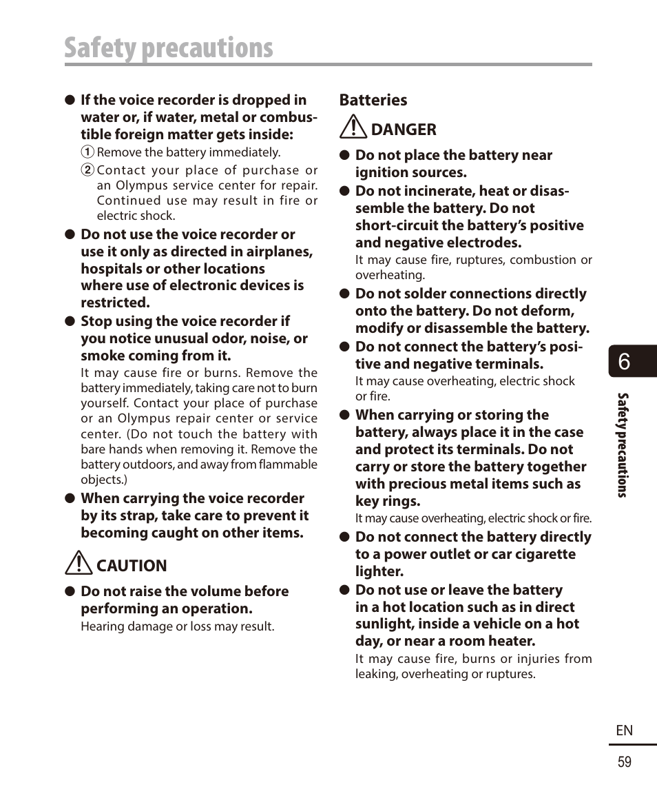 Safety precautions | Olympus VN-722PC User Manual | Page 59 / 67