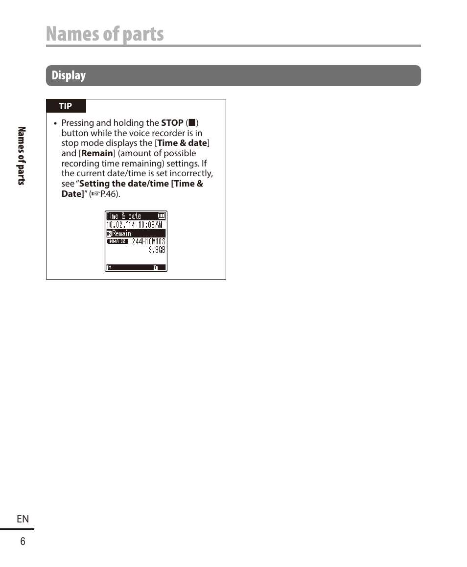 Names of parts | Olympus VN-722PC User Manual | Page 6 / 67