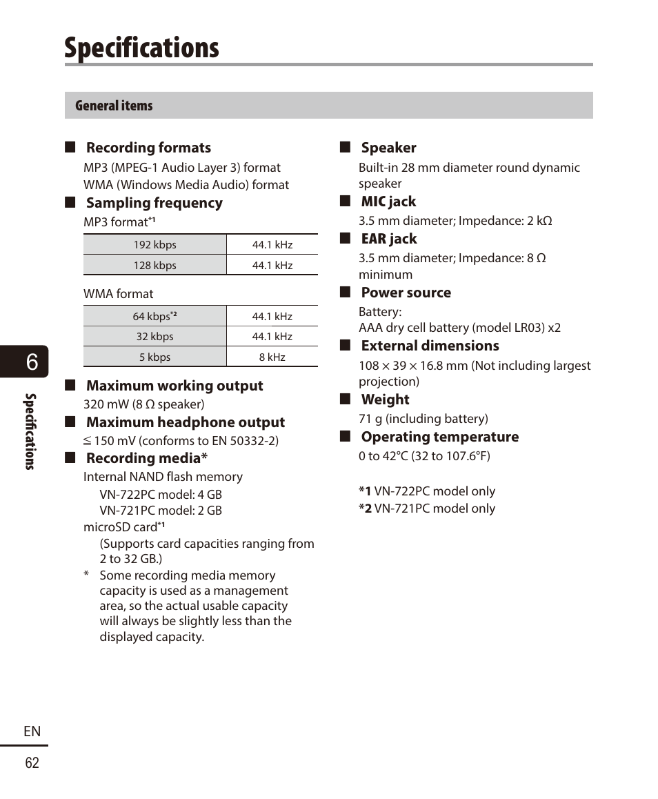 Specifications | Olympus VN-722PC User Manual | Page 62 / 67