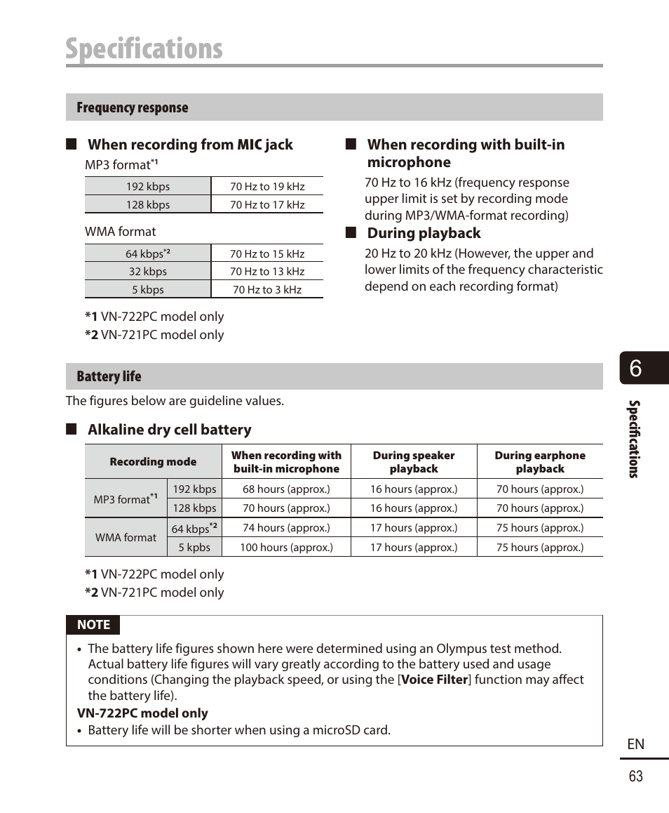 Specifications, Specifi c ations 63 en, Battery life | 4 alkaline dry cell battery, 4 when recording from mic jack, 4 during playback | Olympus VN-722PC User Manual | Page 63 / 67