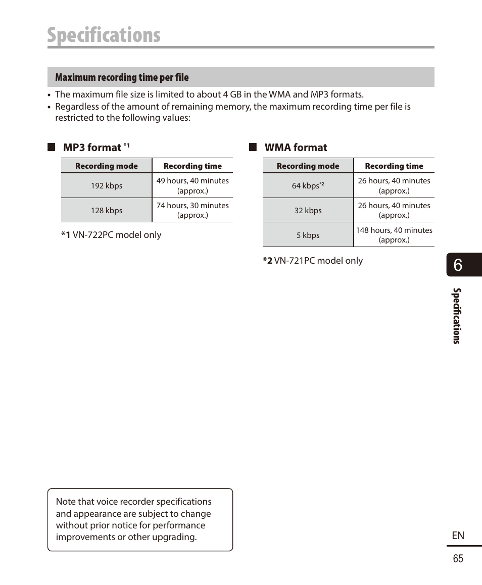 Specifications | Olympus VN-722PC User Manual | Page 65 / 67