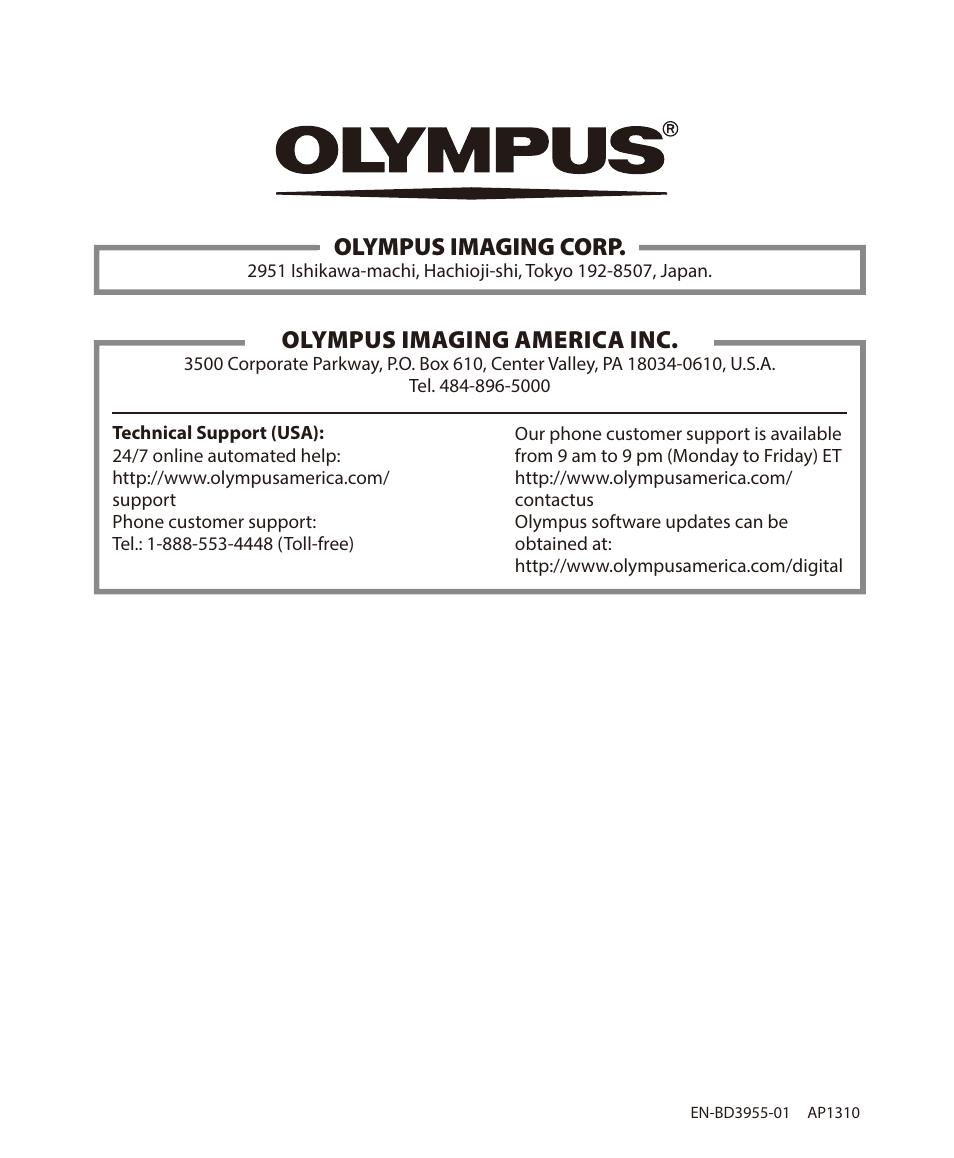Olympus imaging corp, Olympus imaging america inc | Olympus VN-722PC User Manual | Page 67 / 67