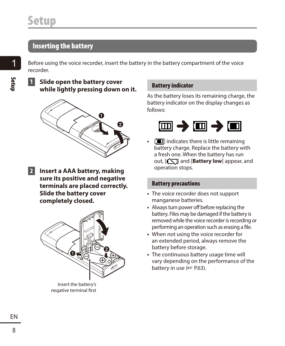 Inserting the battery, Setup | Olympus VN-722PC User Manual | Page 8 / 67