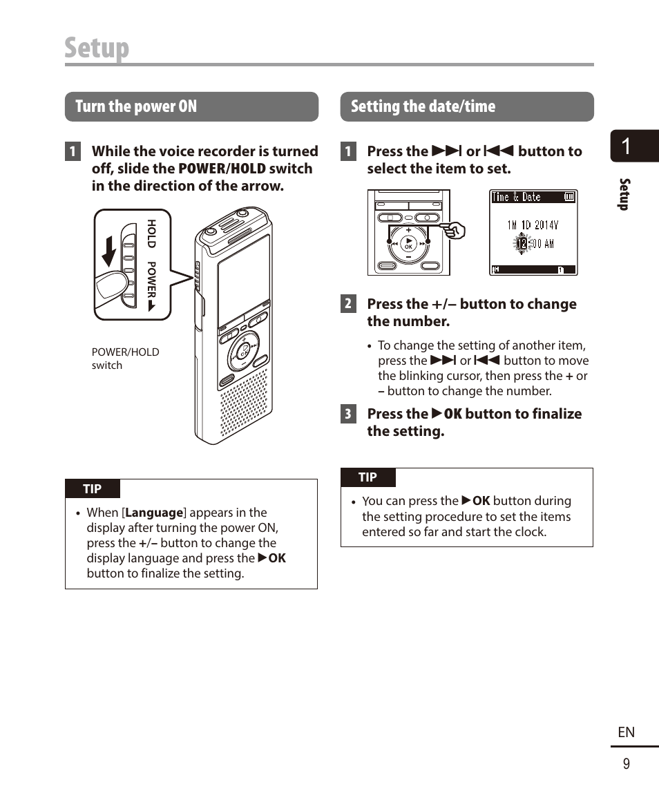 Turn the power on, Setting the date/time, Setup | Olympus VN-722PC User Manual | Page 9 / 67