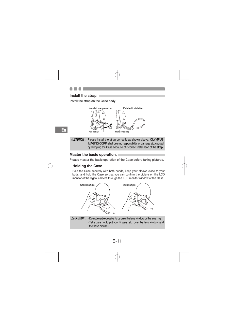 Install the strap, Master the basic operation, Holding the case | E-11 | Olympus PT-029 User Manual | Page 12 / 40