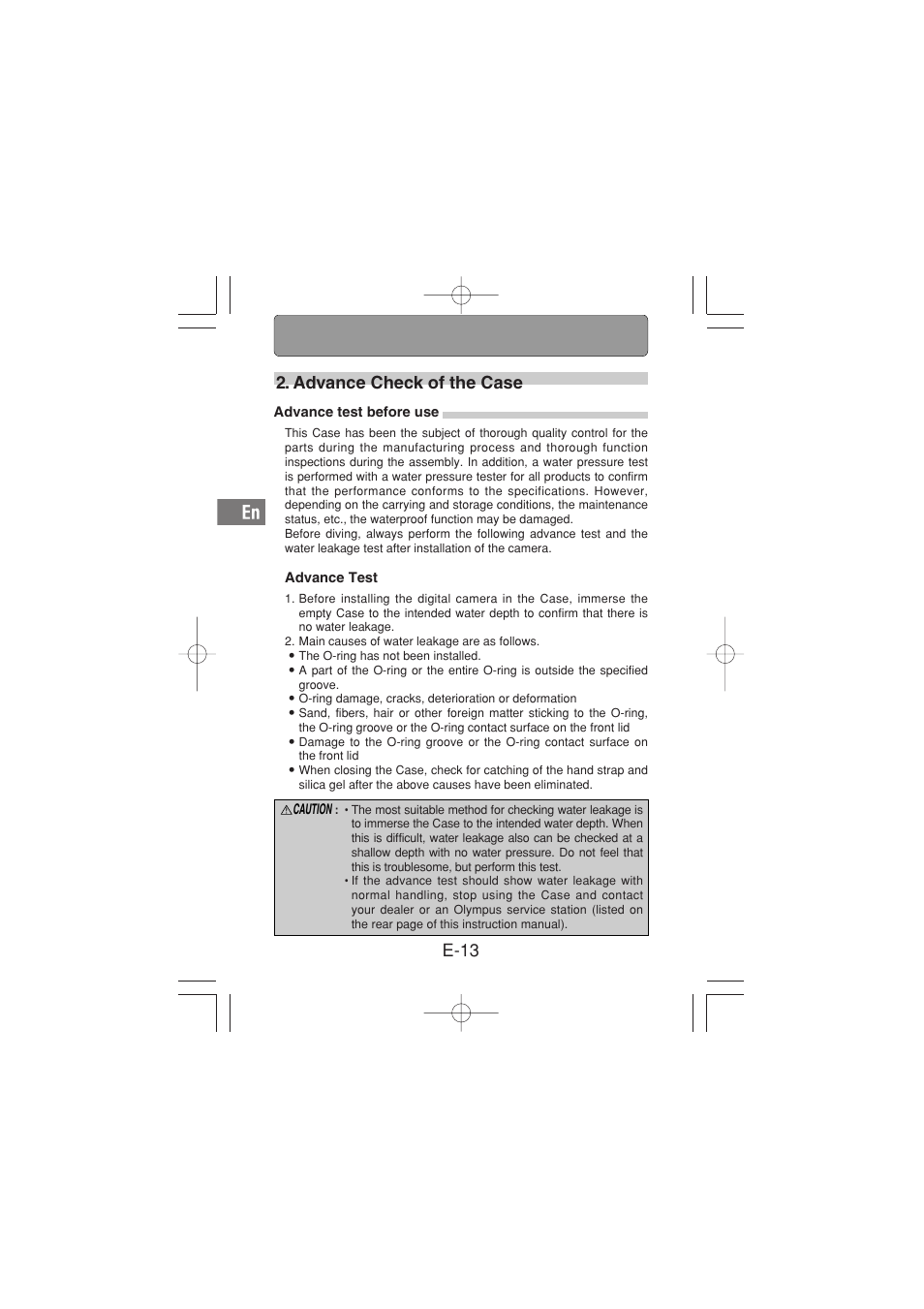 Advance check of the case, Advance test before use, Advance test | E-13 2. advance check of the case | Olympus PT-029 User Manual | Page 14 / 40