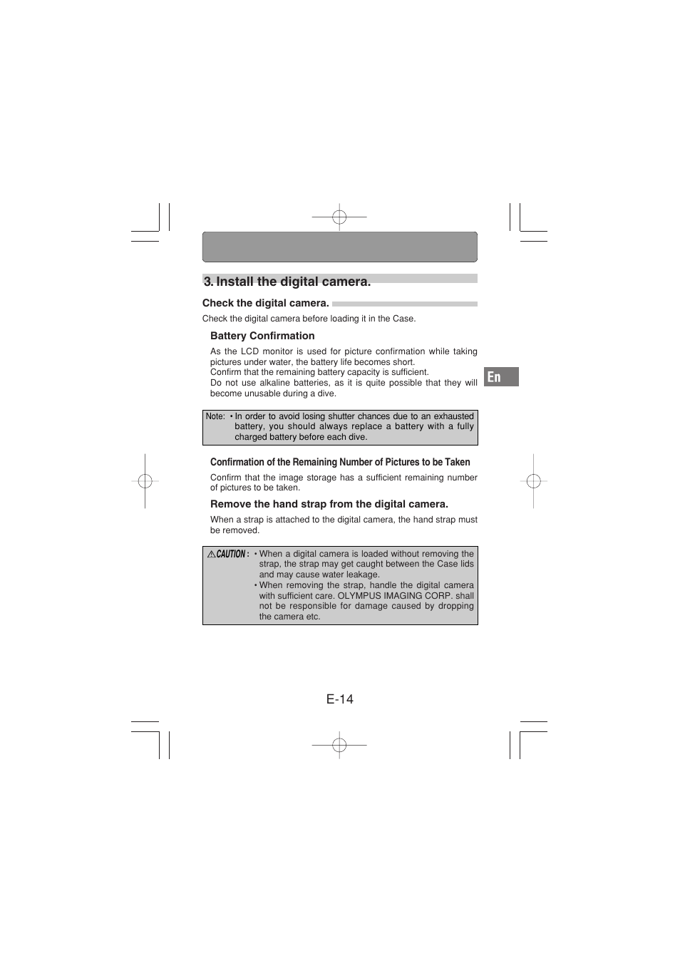 Install the digital camera, Check the digital camera, Battery confirmation | Remove the hand strap from the digital camera, E-14 3. install the digital camera | Olympus PT-029 User Manual | Page 15 / 40