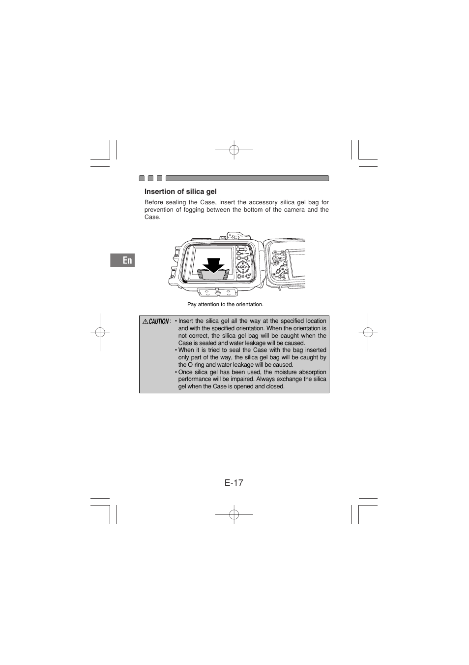 Insertion of silica gel, E-17 | Olympus PT-029 User Manual | Page 18 / 40