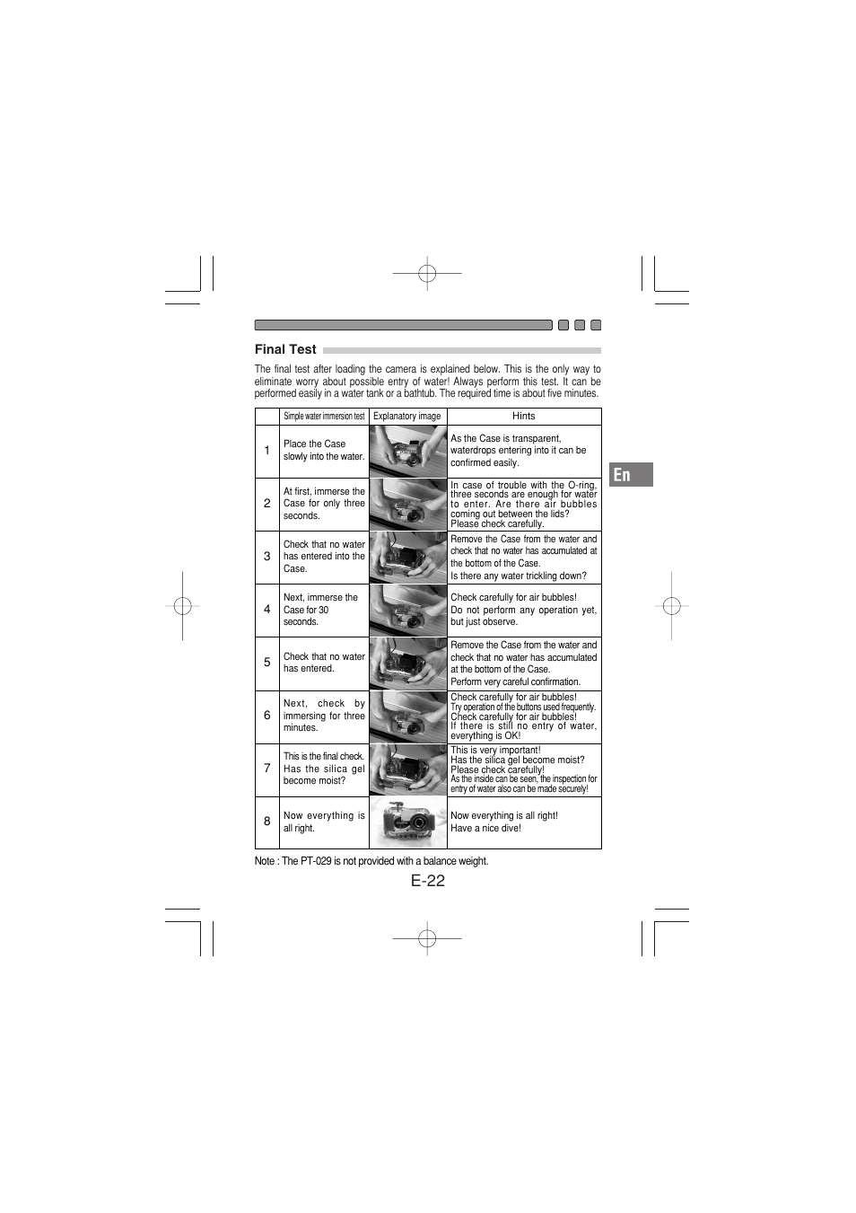 Final test, E-22 | Olympus PT-029 User Manual | Page 23 / 40