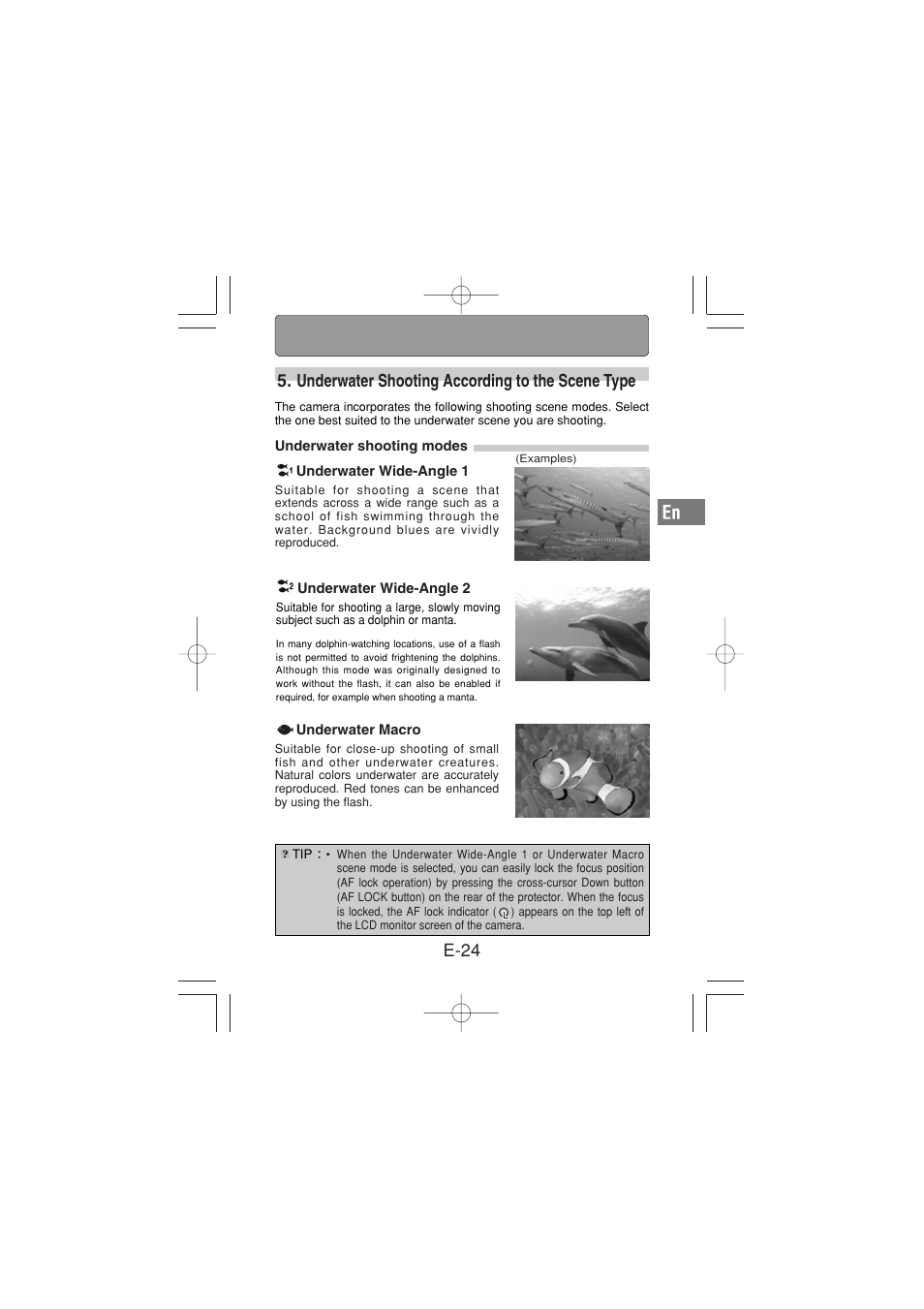 Underwater shooting according to the scene type, Underwater shooting modes | Olympus PT-029 User Manual | Page 25 / 40