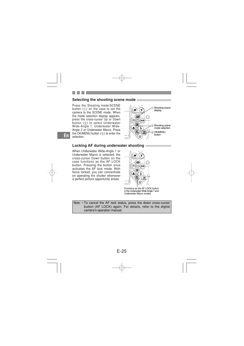 Selecting the shooting scene mode, Locking af during underwater shooting, E-25 | Olympus PT-029 User Manual | Page 26 / 40