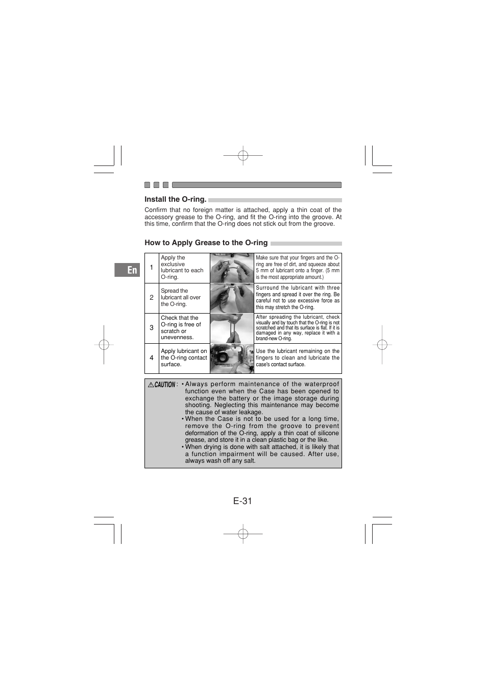 Install the o-ring, How to apply grease to the o-ring, E-31 | Olympus PT-029 User Manual | Page 32 / 40