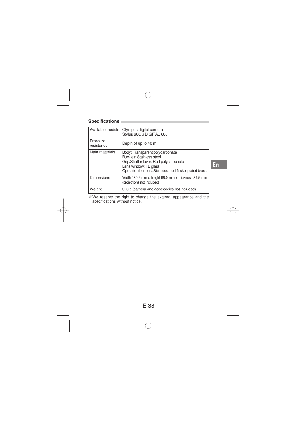 Specifications, E-38 | Olympus PT-029 User Manual | Page 39 / 40