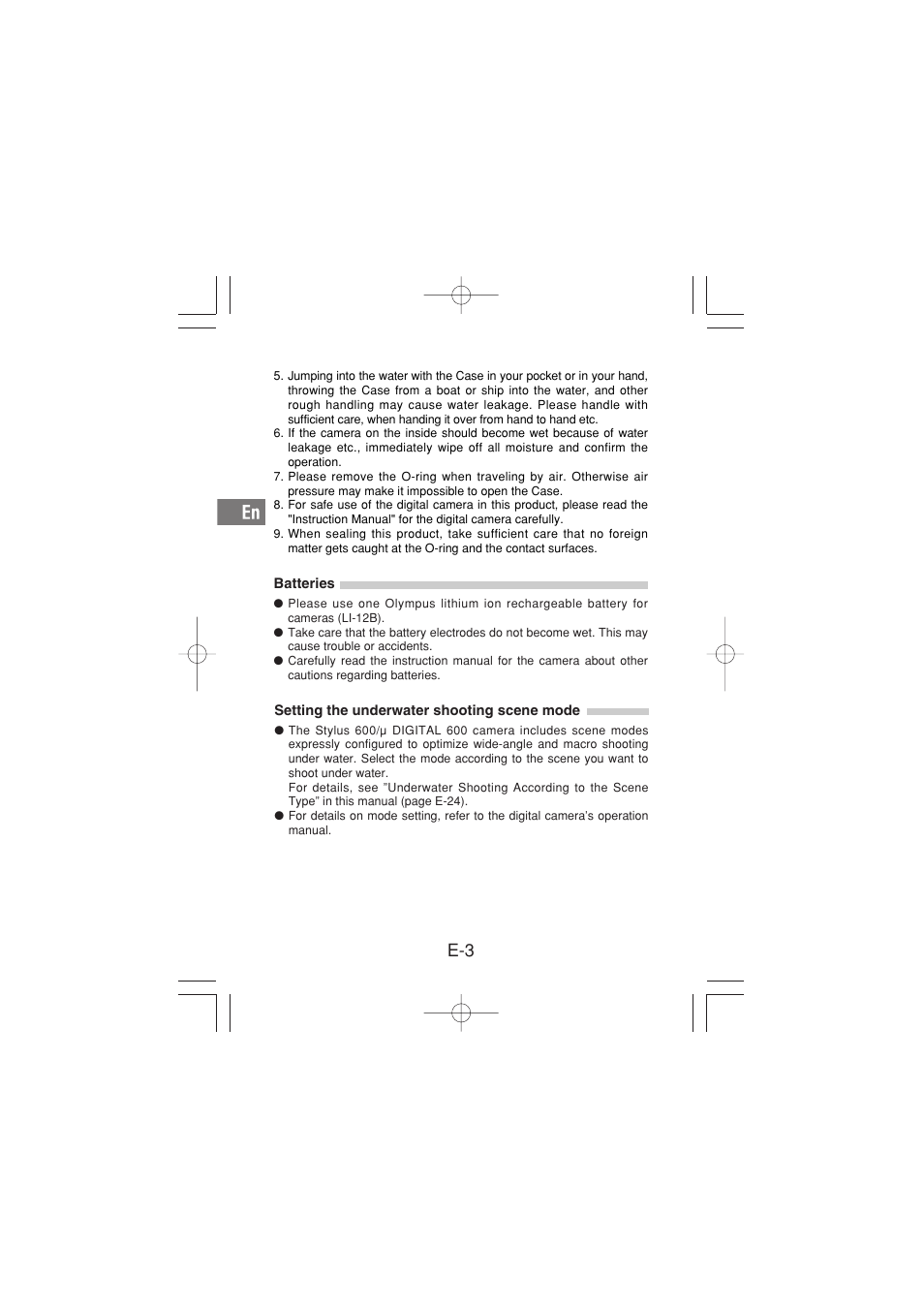 Batteries, Setting the underwater shooting scene mode | Olympus PT-029 User Manual | Page 4 / 40