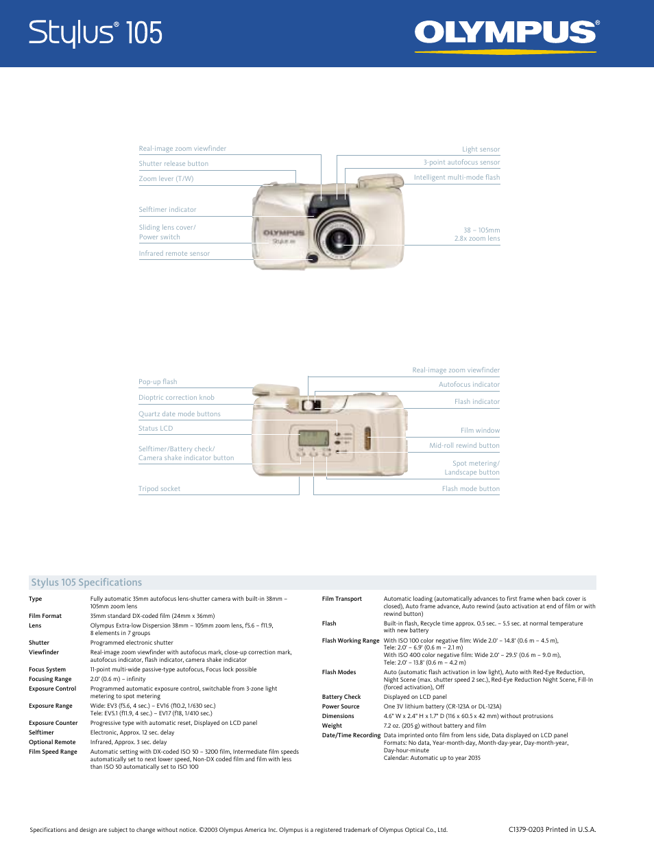 Stylus 105 specifications | Olympus Stylus 105 User Manual | Page 2 / 2