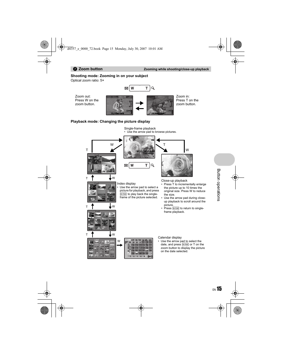 But ton operat ions, Zoom button, Shooting mode: zooming in on your subject | Playback mode: changing the picture display | Olympus STYLUS 830 User Manual | Page 15 / 84