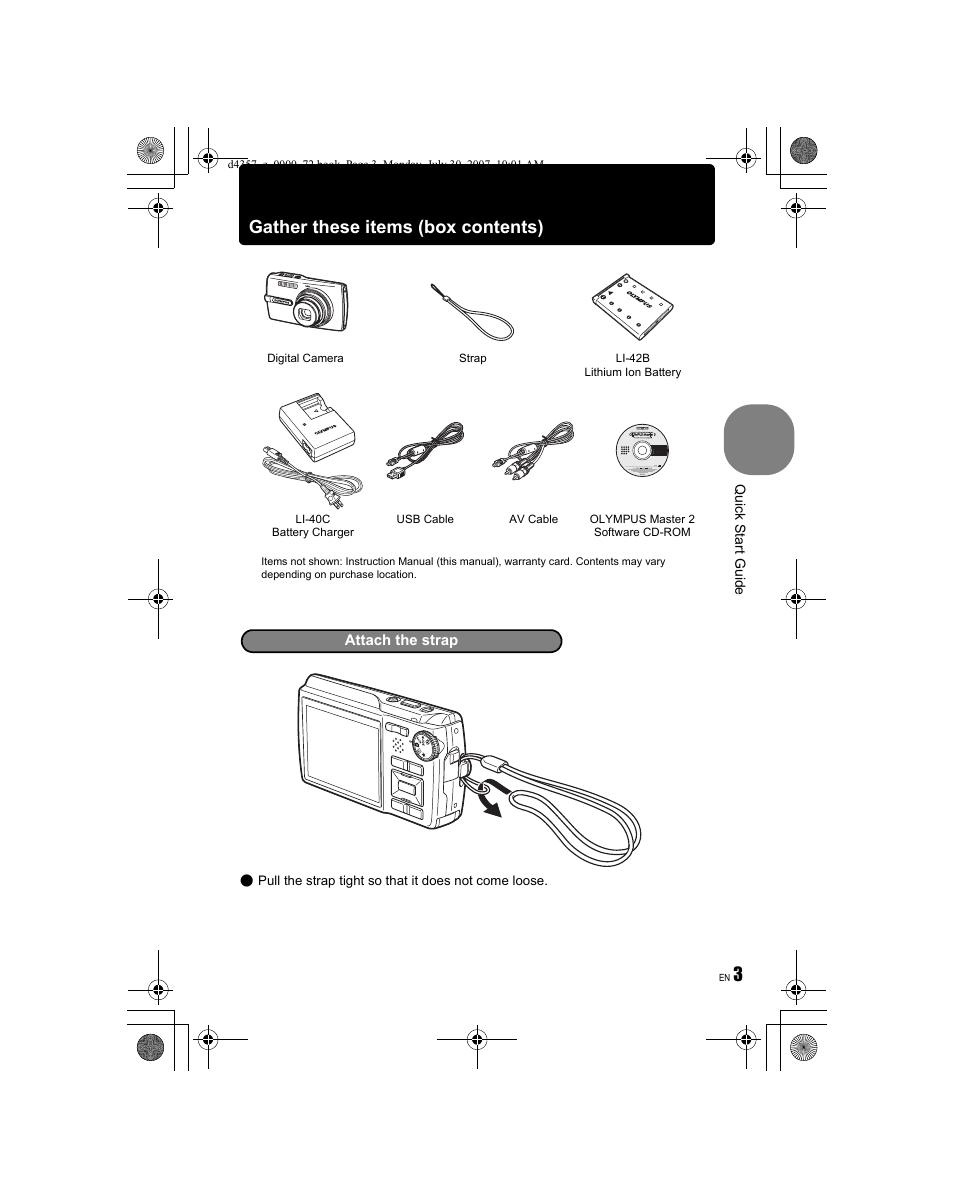 Gather these items (box contents) | Olympus STYLUS 830 User Manual | Page 3 / 84