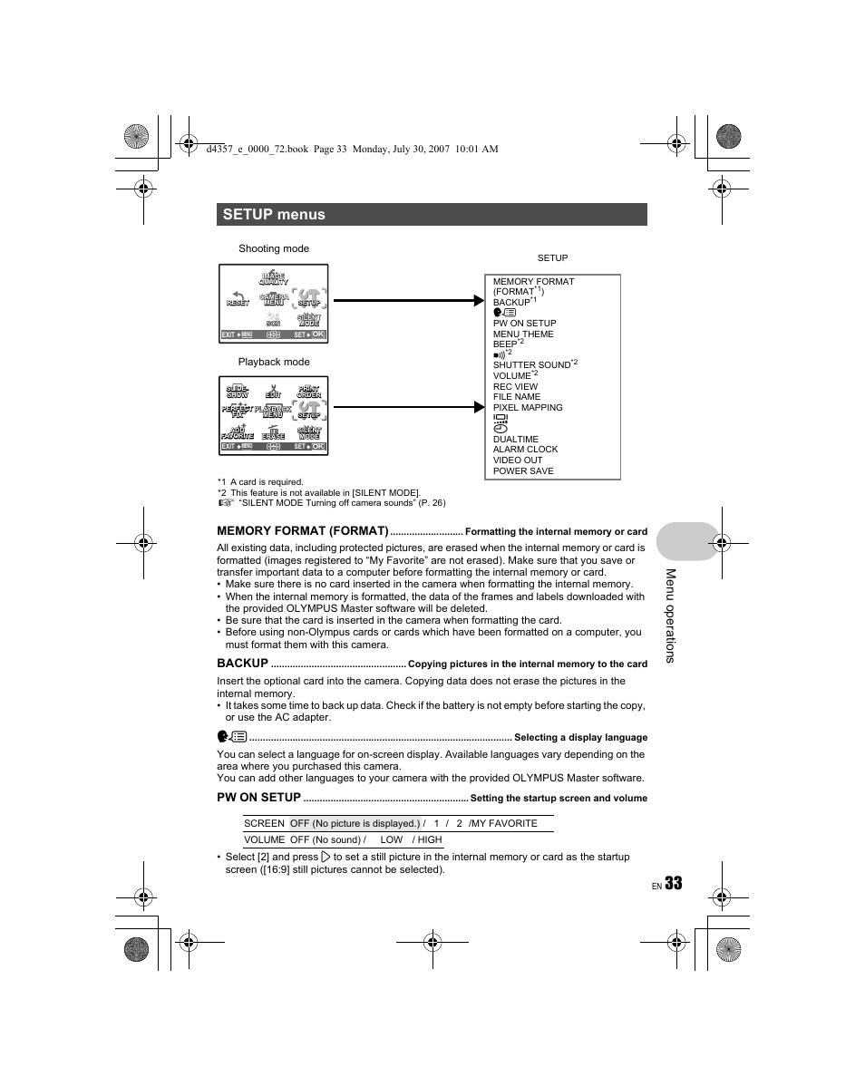 Setup menus, Menu o perat ion s, Backup | Pw on setup | Olympus STYLUS 830 User Manual | Page 33 / 84